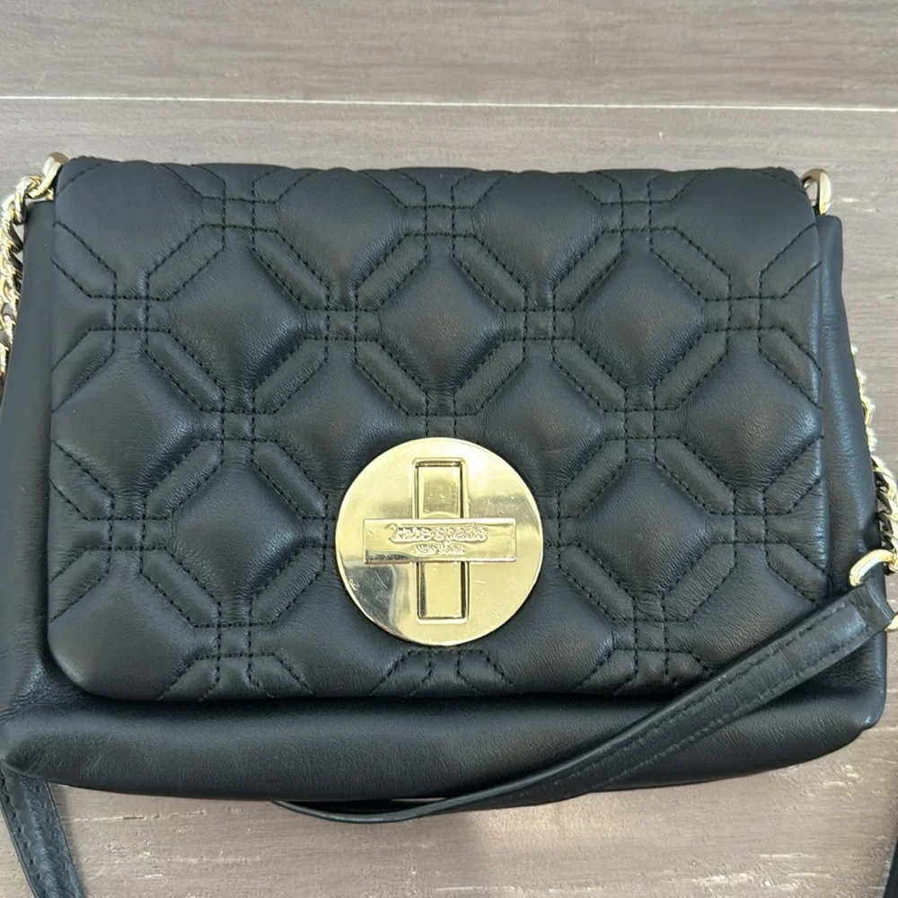 Kate Spade Y2K black cow leather mini crossbody quilted gold chain handbag